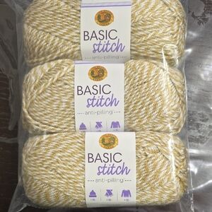 Lion Brand Basic Stitch Yarn - Cream and Tan Tweed (3 Pack)